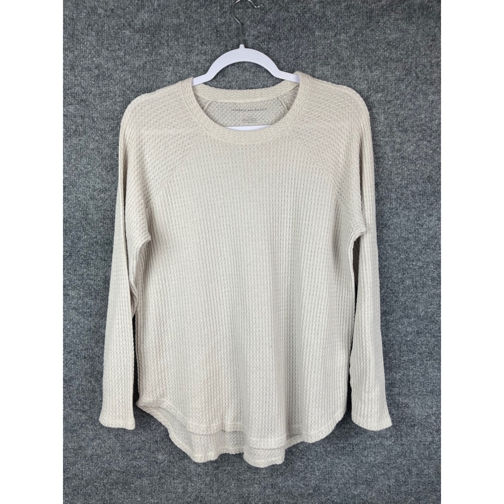 American Eagle Waffle Knit Top Womens Medium Cream Excellent Raglan Long Sleeve